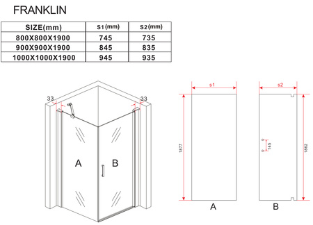 SPRCHOVÝ KOUT FRANKLIN ČTVERCOVÝ TRANSPARENTNÍ - 90X90X190 ČERNÝ