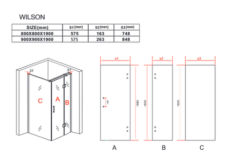 SPRCHOVÝ KOUT WILSON ČTVERCOVÝ TRANSPARENTNÍ - 80X80X190 CHROM